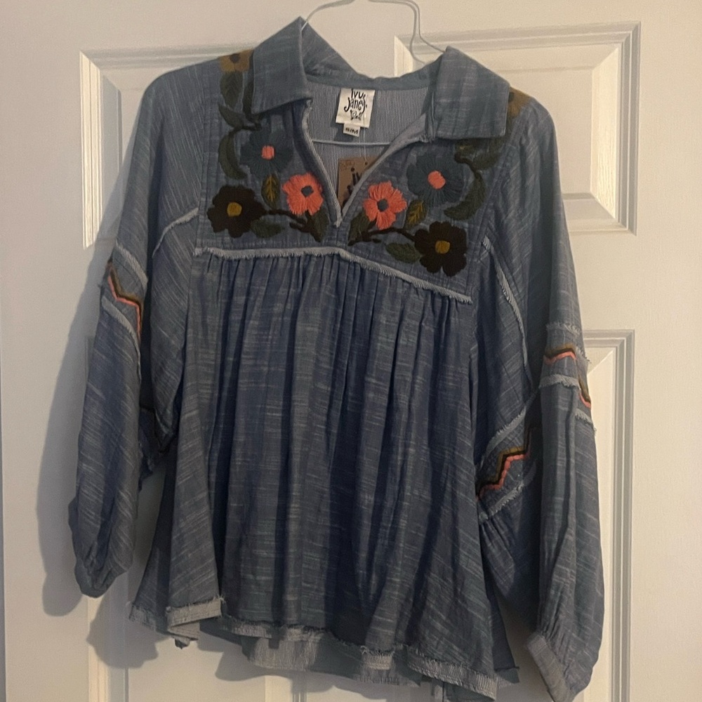 Ivy Jane Blue Blouse with Floral Embroidery